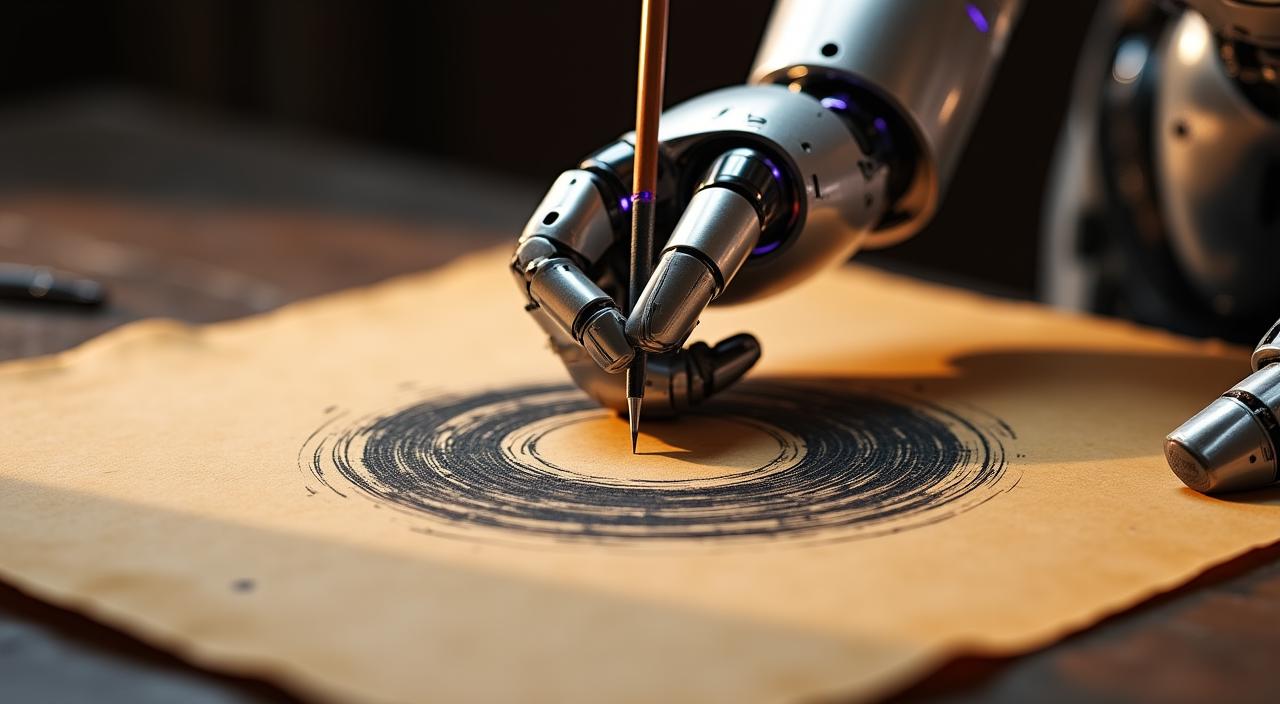 A composite image showing a robotic arm holding a traditional bamboo brush over a sheet of parchment with elegant ink strokes.