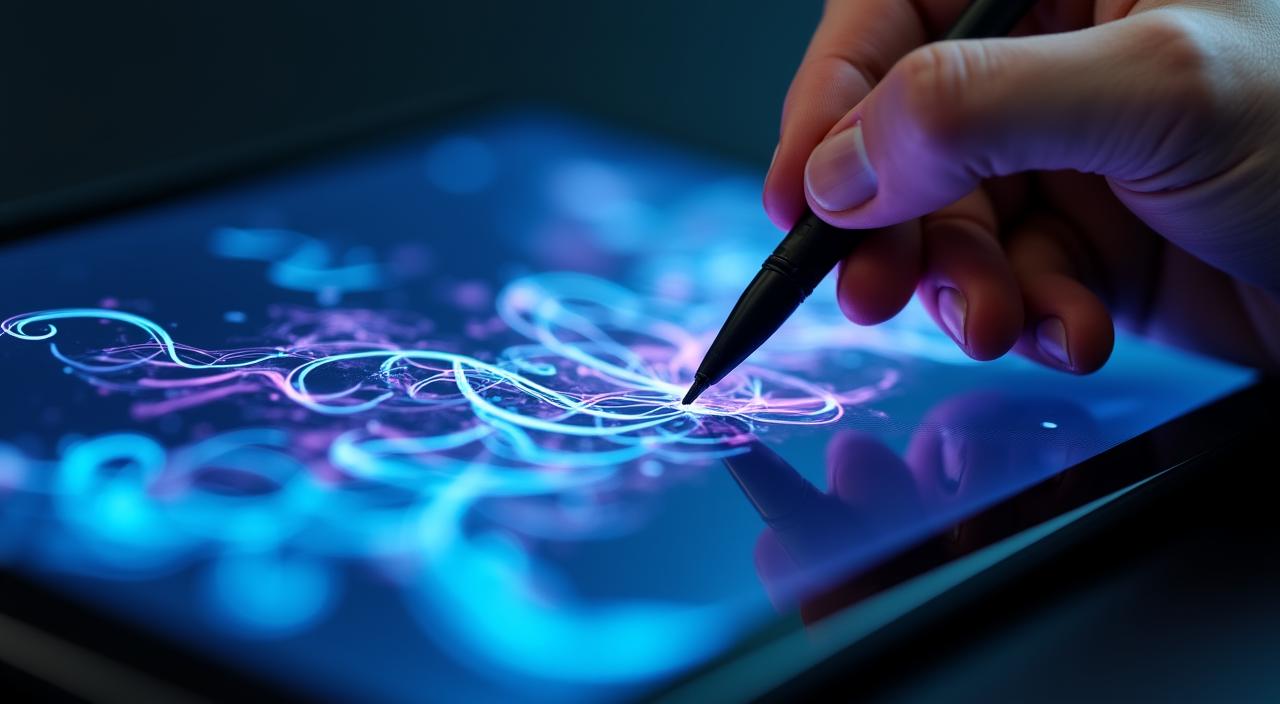 Artist using an iPad and Apple Pencil to create elegant digital calligraphy with blue and purple ink effects